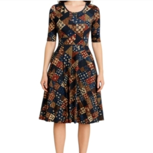 Lularoe Nicole Tan Animal Print Red Half Sleeve Blue Tribal Fall Dress XS - Picture 1 of 5